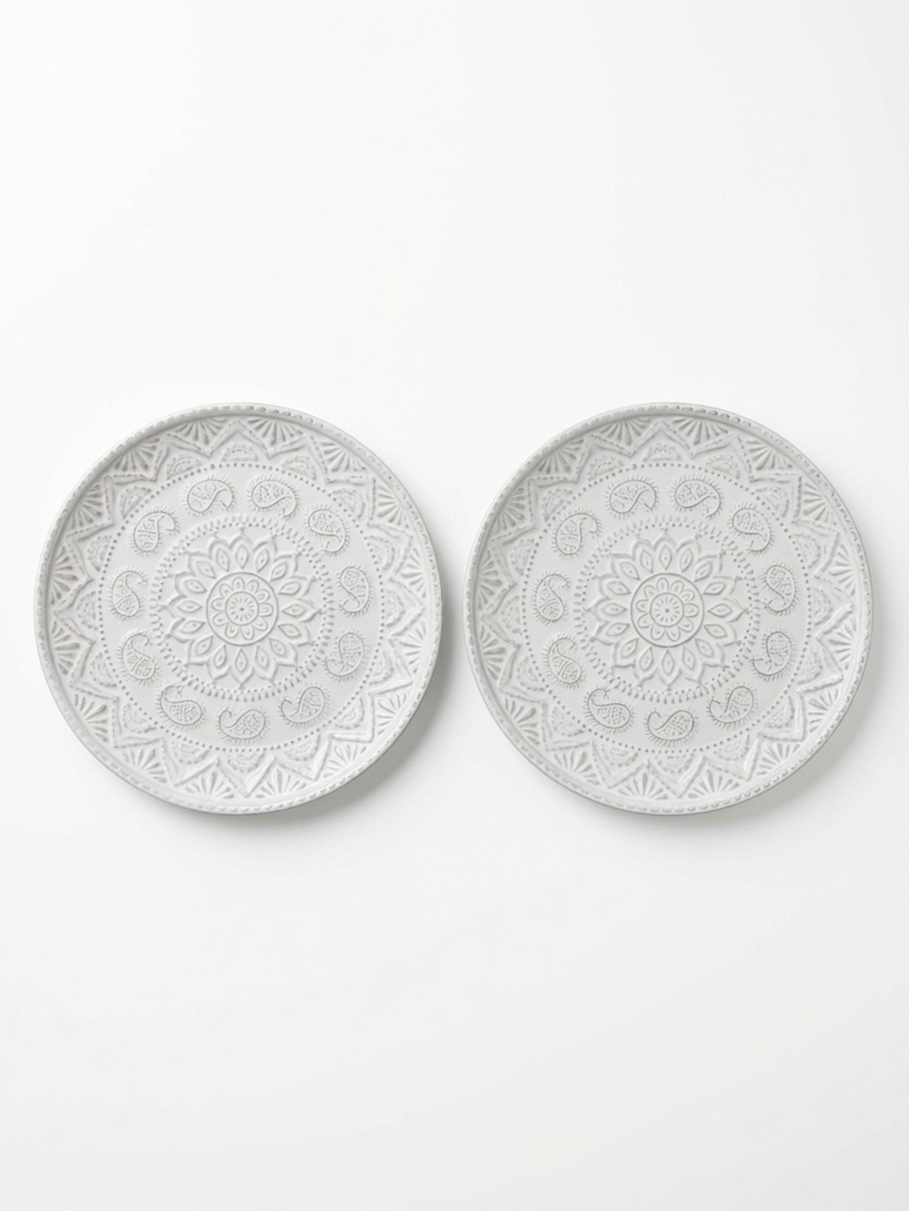 Pier 1 White Ceramic Embossed Decorative  Plates Set of 2 Mandala Design